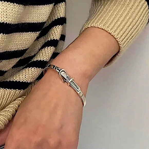 Sterling Silver Buckle Bracelet Bangle Adjustable Unisex Belt Geometric - Picture 5 of 6